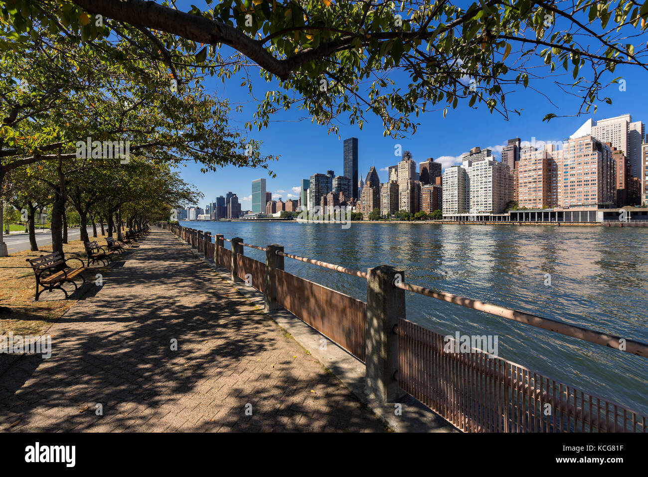 Sommer Blick auf Manhattan Midtown East Wolkenkratzer von Roosevelt Island mit dem East River. New York City Stockfoto