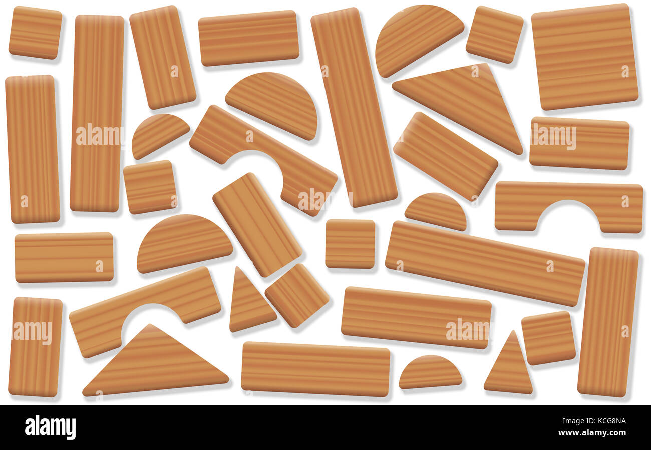 Holzspielzeug Bausteine, verworrenen und verwirrenden Durcheinander Holz in verschiedenen Formen - natürliche Kindheit Gebäude und Freizeit Spiel. Stockfoto