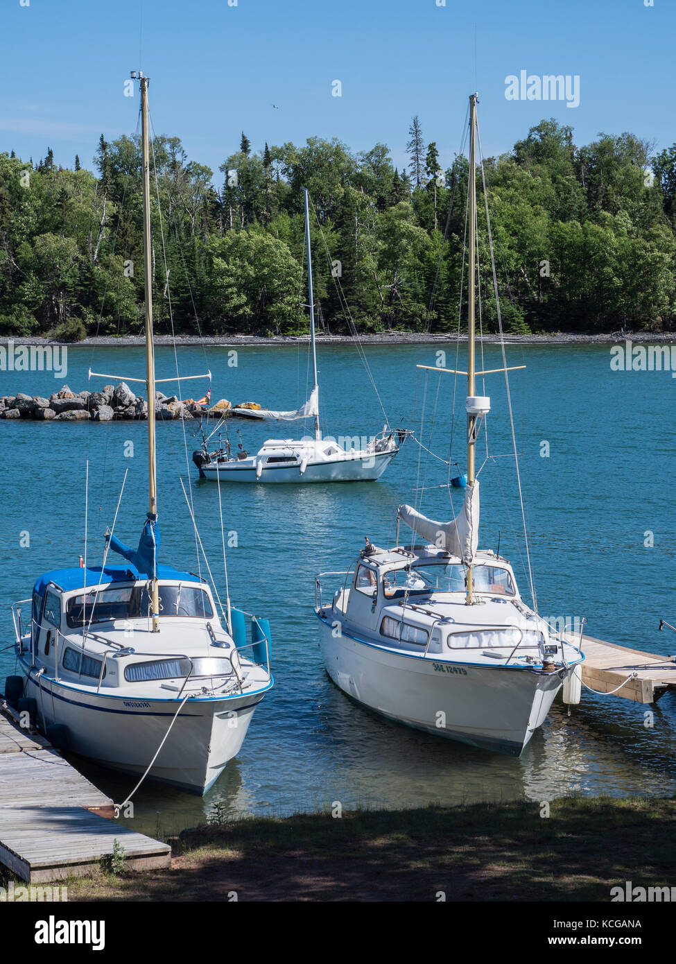 Boote an der takeout, Silber Insel auf dem Sibley Halbinsel, Lake Superior, Ontario, Kanada. Stockfoto