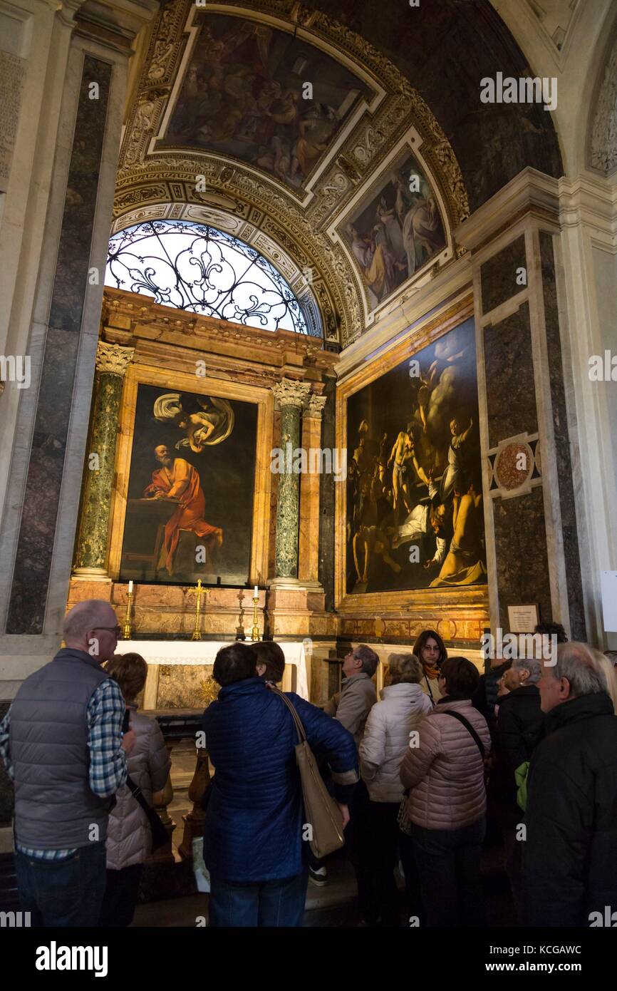 Caravaggio Gemälde der Hl. Matthäus und der Engel und das Martyrium des Hl. Matthäus an der Chiesa di San Luigi dei Francesi, Rom, Italien. Stockfoto