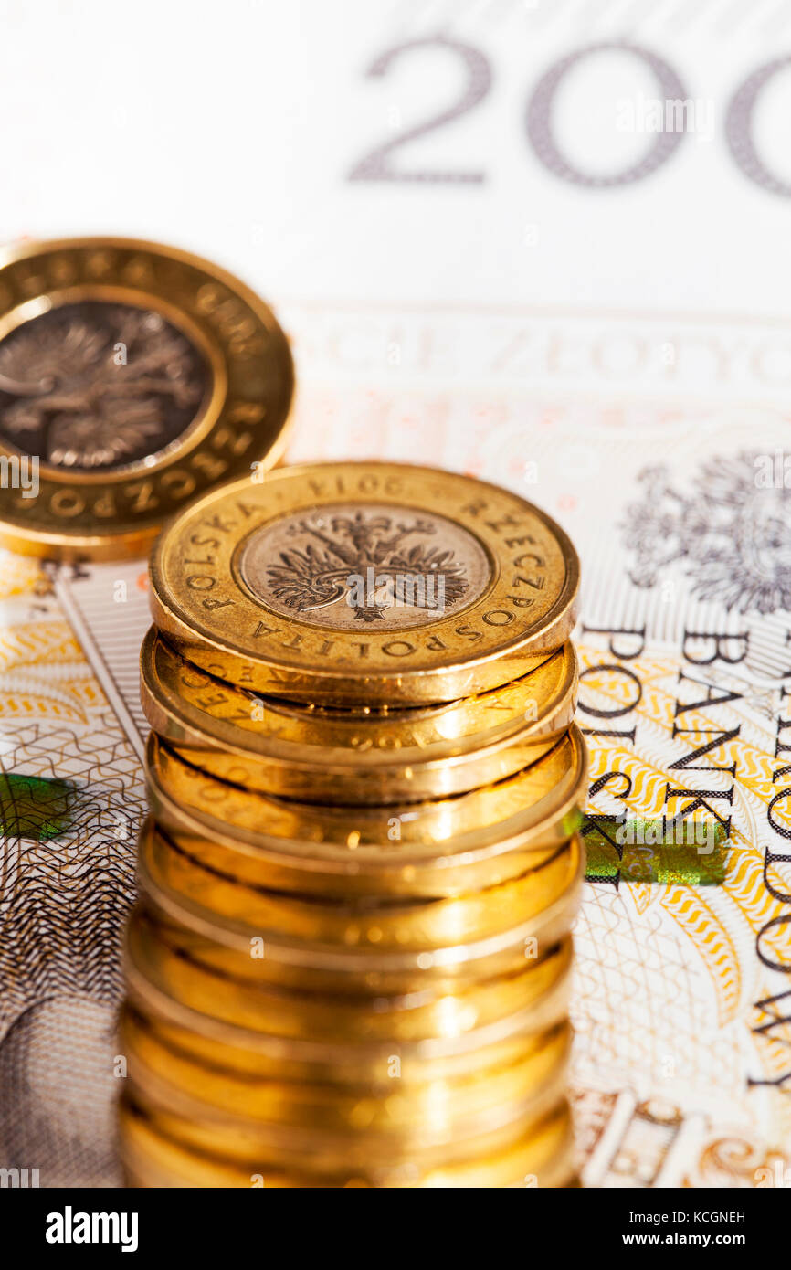 Fotografiert close-up neue polnische Papier Geld. Banknoten im Wert von zweihundert Zloty Stockfoto