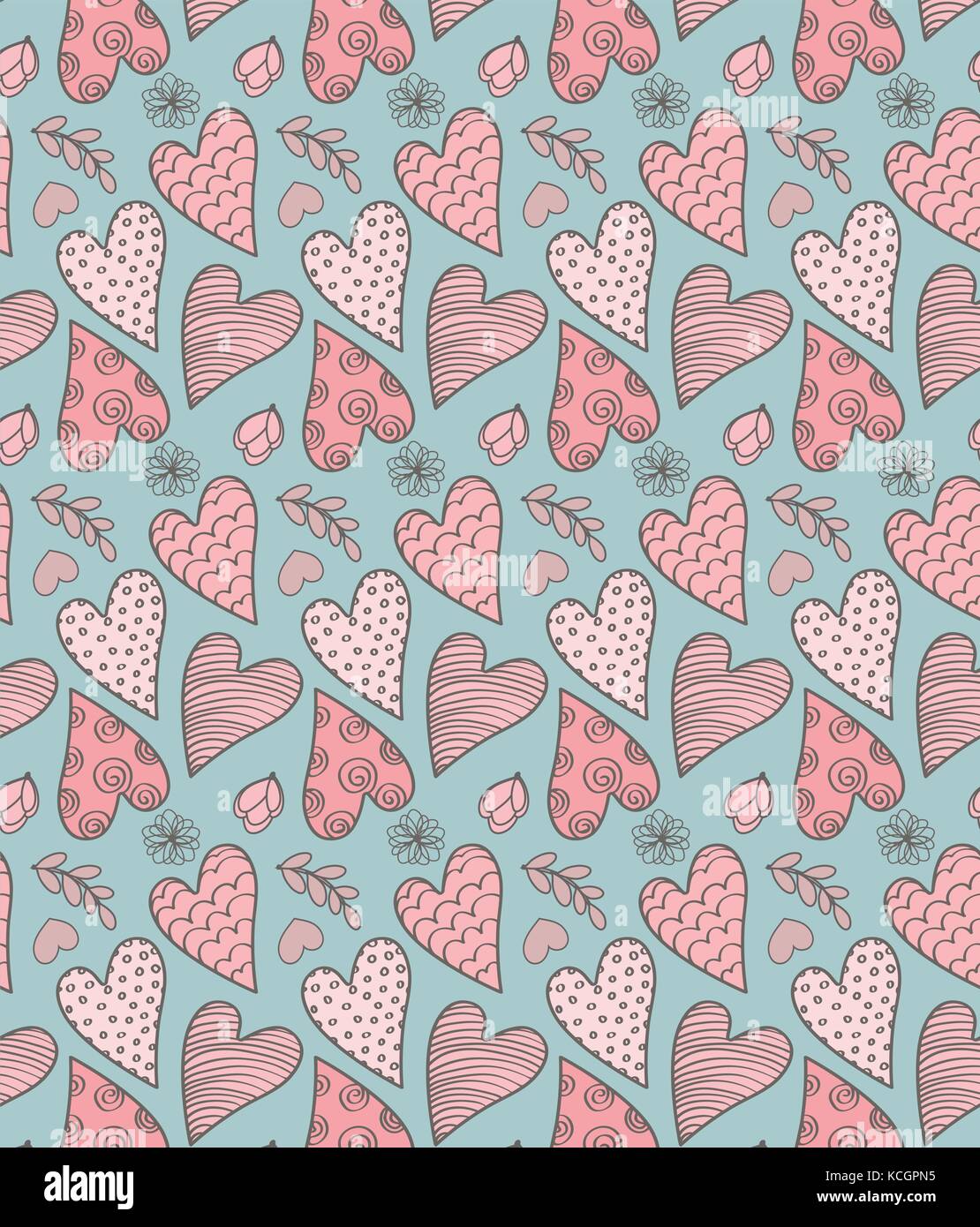 Die abstrakte nahtlose Valentine süße Muster mit Herzen, Blumen und Blätter Stock Vektor