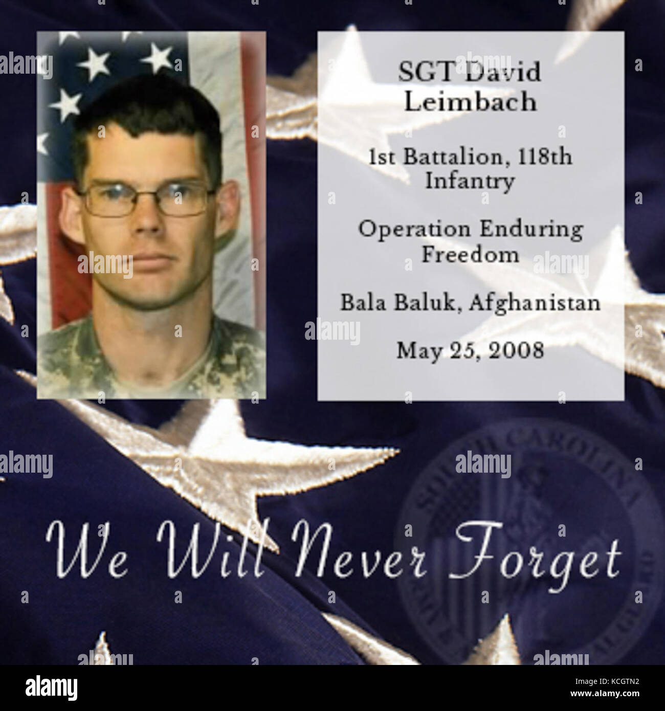 Us-Armee Sgt. David Leimbach, 38, von Taylors, South Carolina, auf die 1 Bataillon zugeordnet, 118 Infanterie, Fountain Inn, South Carolina und in der 2. Staffel, 101 Kavallerie (Aufklärung, Überwachung und Zielerfassung), der New York Army National Guard; 25. Mai 2008 in der Nähe von Bala Baluk, Afghanistan, der Wunden erlitten, als seine Einheit mit Waffen Feuer und Rakete angegriffen wurde - Granaten gestorben. Stockfoto Us-Armee Sgt. David Leimbach, 38, von Taylors, South Carolina, auf die 1 Bataillon zugeordnet, 118 Infanterie, Fountain Inn, South Carolina und in der 2. Staffel, 101 Kavallerie (Aufklärung, Überwachung und Zielerfassung), der New York Army National Guard; 25. Mai 2008 in der Nähe von Bala Baluk, Afghanistan, der Wunden erlitten, als seine Einheit mit Waffen Feuer und Rakete angegriffen wurde - Granaten gestorben. Stockfoto