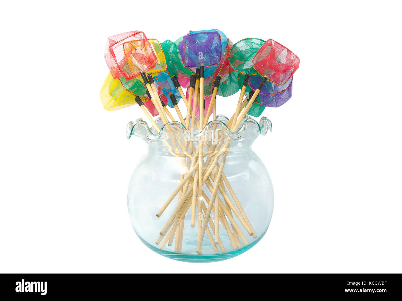 Bunte Fische net Schaufeln in Glas Blasen. Angelausrüstung Stockfoto