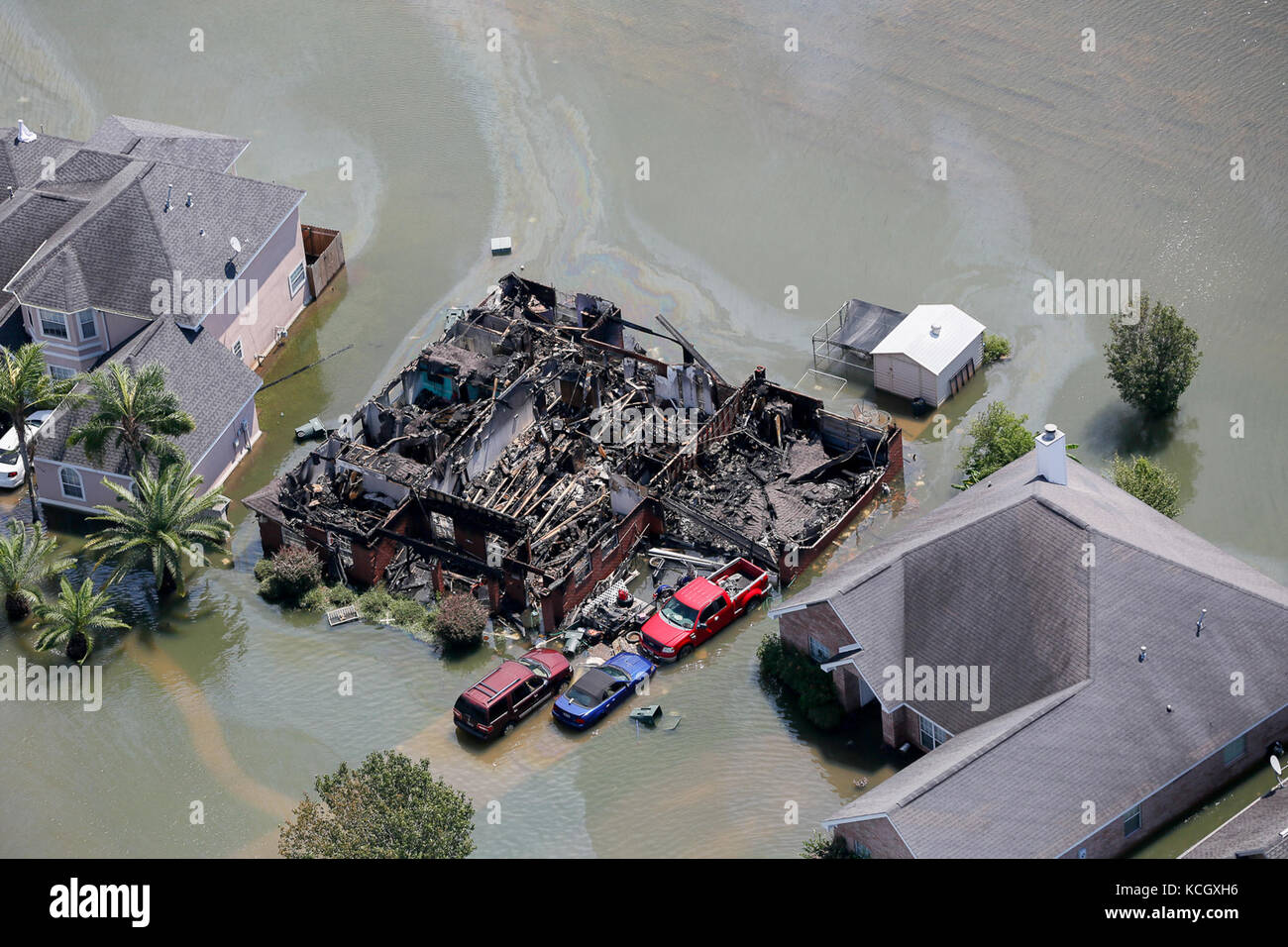 Mitglieder der South Carolina Hubschrauber aquatic Rescue Team (sc-hart) Durchführung der Rettungsmaßnahmen in Port Arthur, Texas, 31, 2017 August. Die sc-Hart-Team besteht aus einem UH-60 Black Hawk Hubschrauber von der South Carolina Army National Guard mit vier Soldaten, die mit drei Rettungs Schwimmer aus dem Zustand task force zusammengeschlossen sind, und stellen Hoist rescue Fähigkeiten. Mehrere Mitgliedstaaten und Agenturen allgemein genannt wurden die Bürger durch den EPIC-Menge von Niederschlag in Texas und Louisiana vom Hurrikan harvey Betroffene zu unterstützen. (Us Air National Guard Foto: Staff Sgt. daniel j. Martinez) Stockfoto