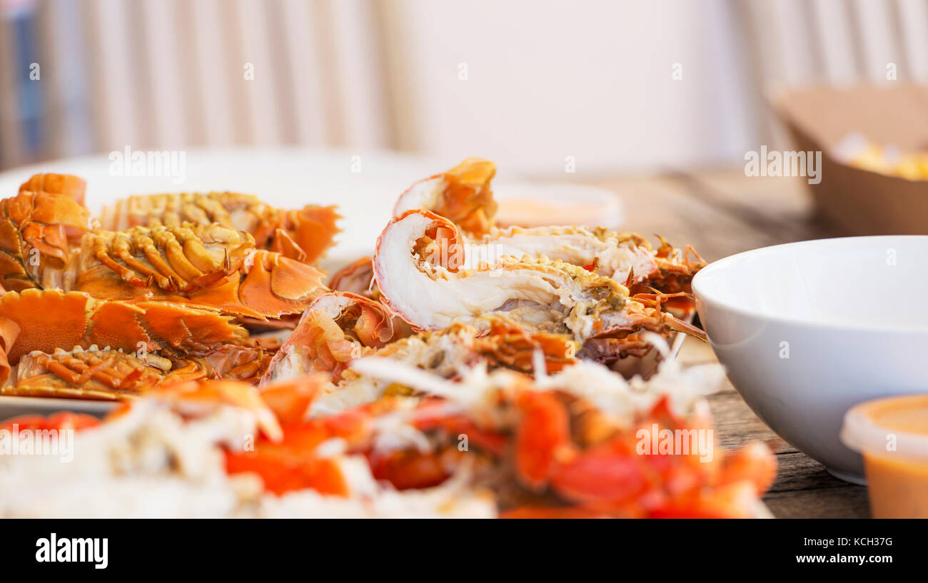 Meeresfrüchteteller von Moreton Bay Bugs und anderen Krustentiere für Mittagessen im Freien Stockfoto