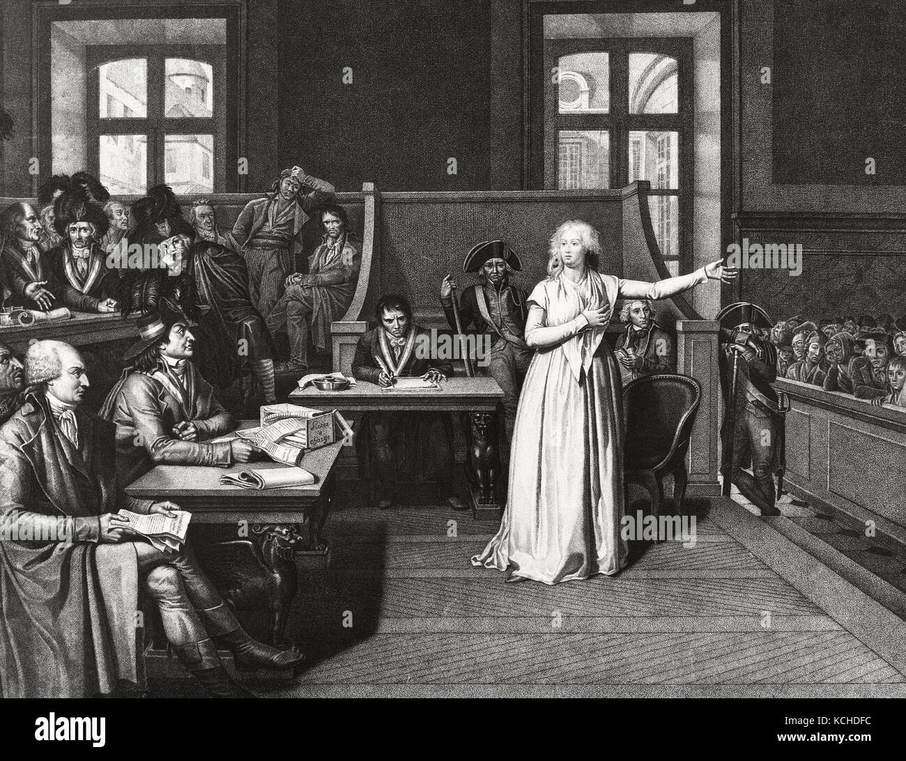 Marie Antoinette (1755-1793). Königin von Frankreich. Am 16. Oktober 1793, wurde sie ausprobiert und verurteilt. Marie Antoinette vor Gericht. Gravur. Stockfoto