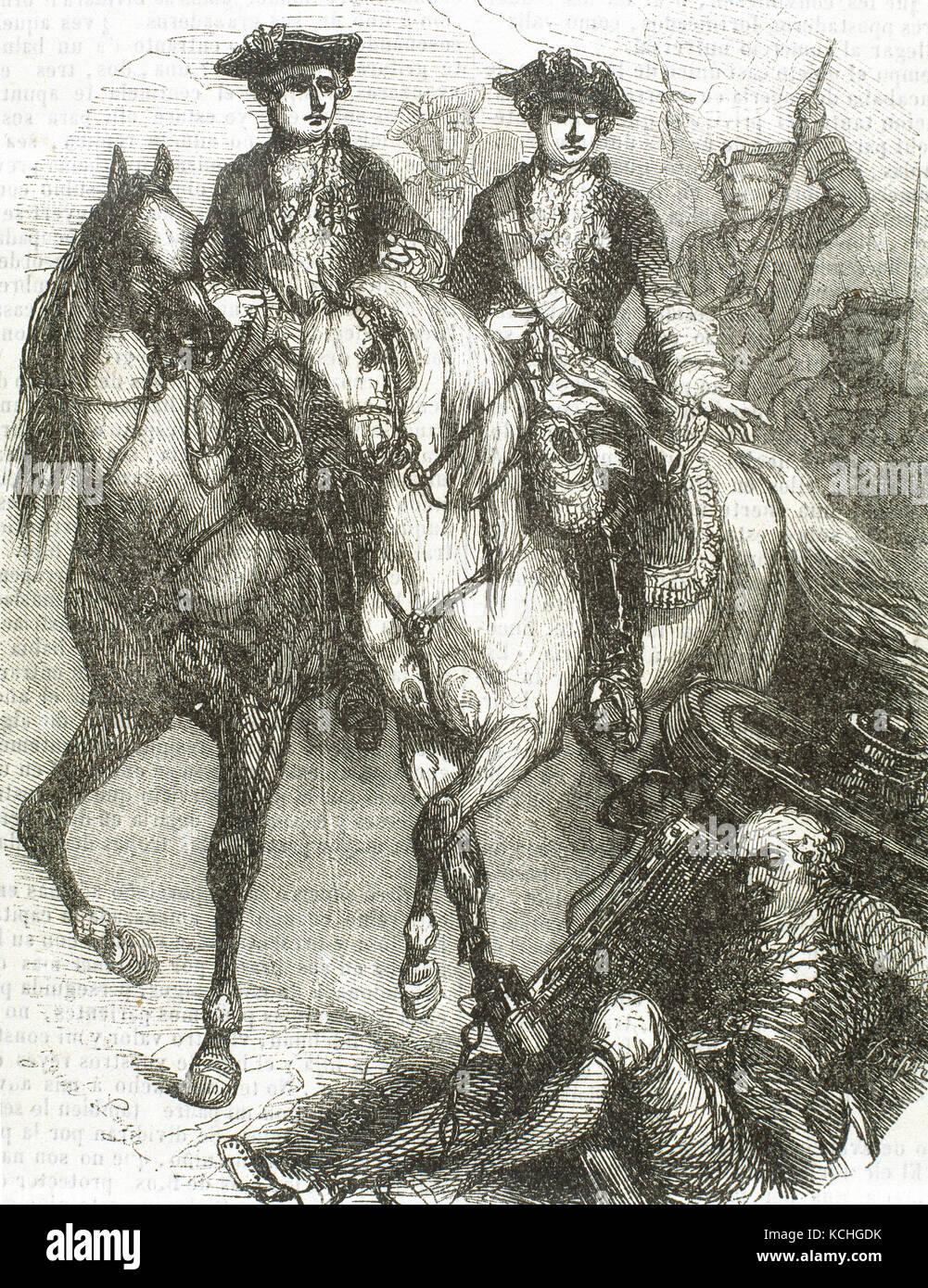 Im österreichischen Erbfolgekrieg (1740-1748). Louis XV (1710-1774), König von Frankreich und sein Sohn Ludwig, Dauphin von Frankreich (1729-1765) in der Schlacht von Fontenoy, 11. Mai 1745 präsentieren. Gravur, 1851. Stockfoto