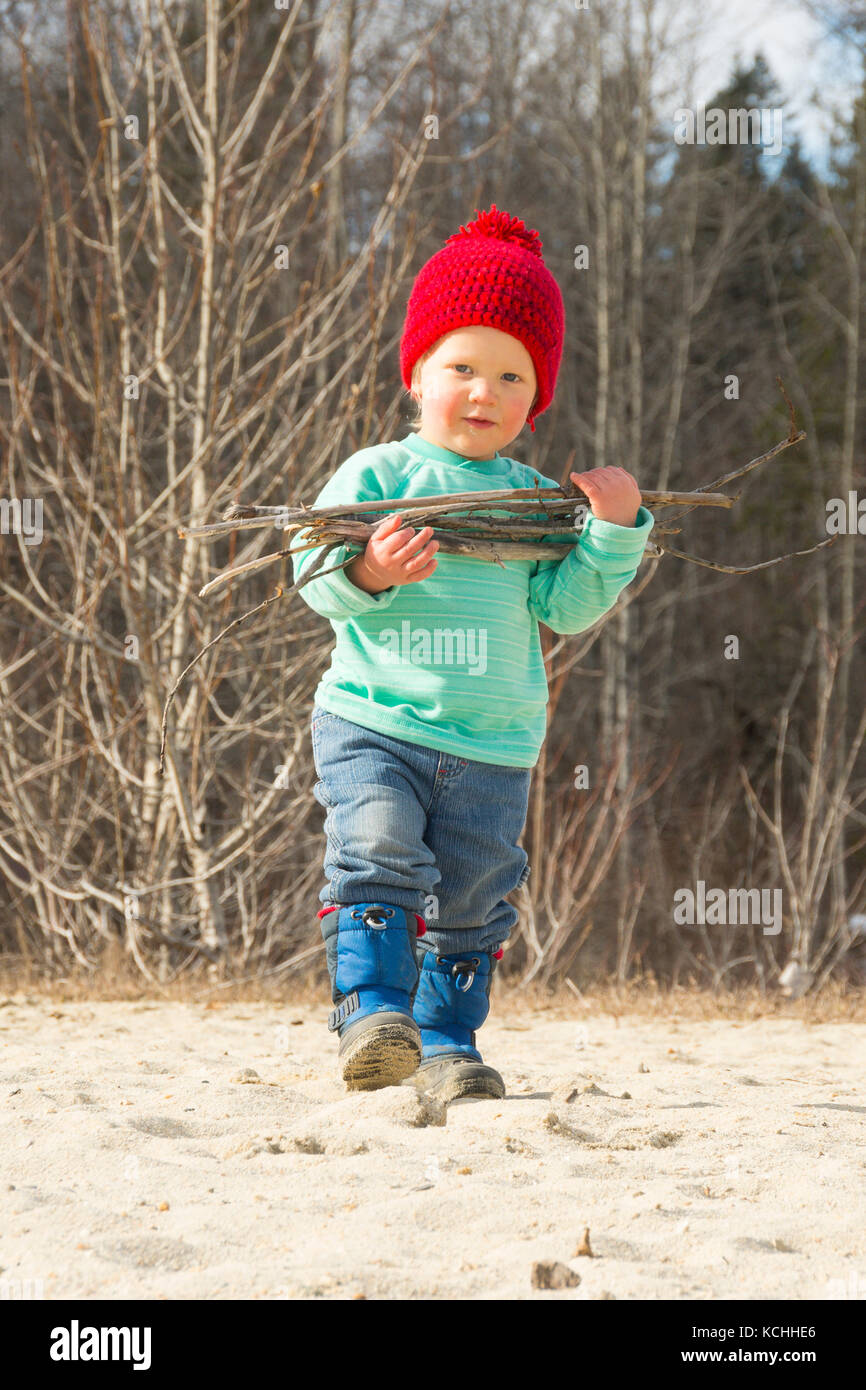"Laden!" Diese zwei Jahre alter Junge ist das Laden einer Stapel Holz am Strand Stockfoto