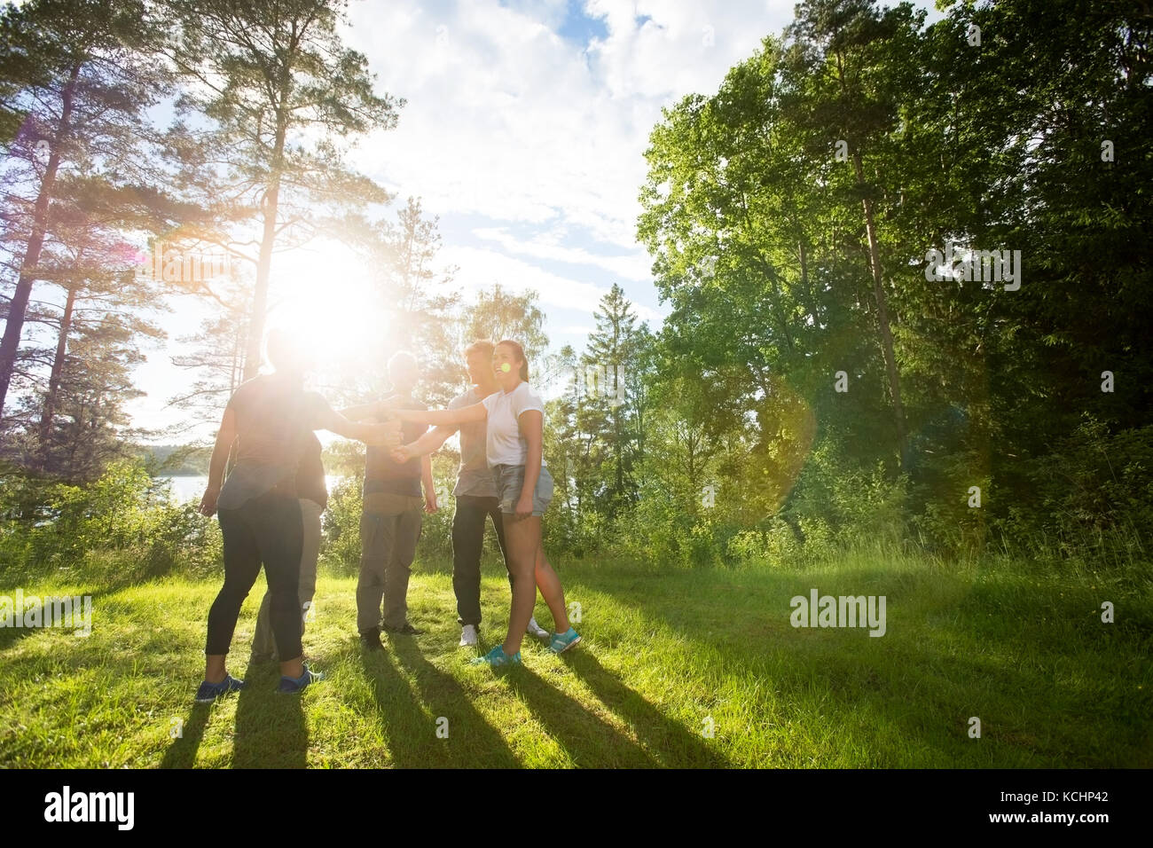 Volle Länge des männlichen und weiblichen Kollegen stapeln Fäuste, während man im Wald an einem sonnigen Tag Stockfoto