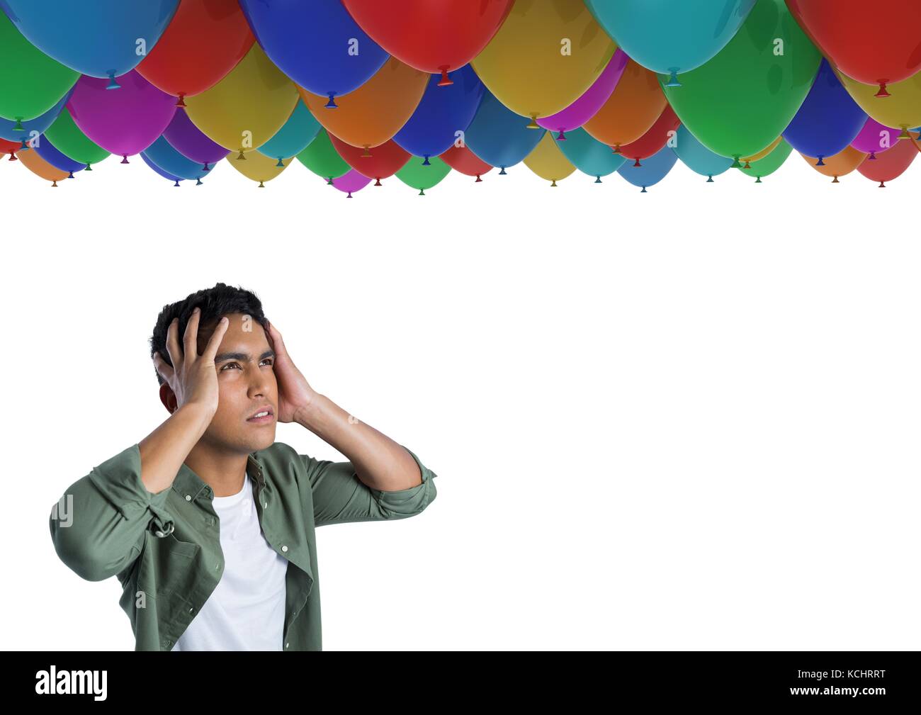 Digital composite der Mann besorgt und unter viele Ballons besorgt Stockfoto