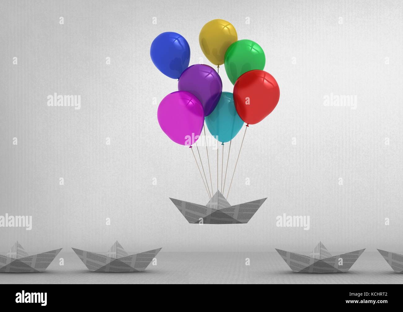 Digital composite Papier Boot schwimmend mit Ballons im Zimmer Stockfoto