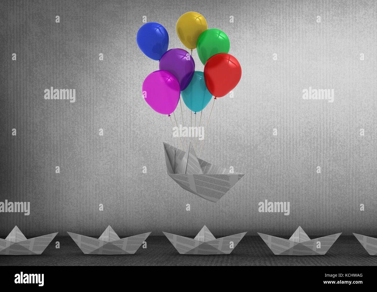 Digital composite Papier Boote mit Ballons im Zimmer Stockfoto