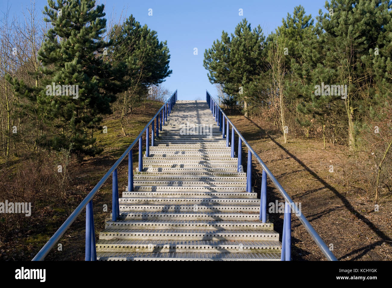 Deutschland, Ruhrgebiet, Essen, Treppen zum Schurenbach-Haufen. Deutschland, Ruhrgebiet, Essen, Treppe zur Schurenbachhalde. Stockfoto