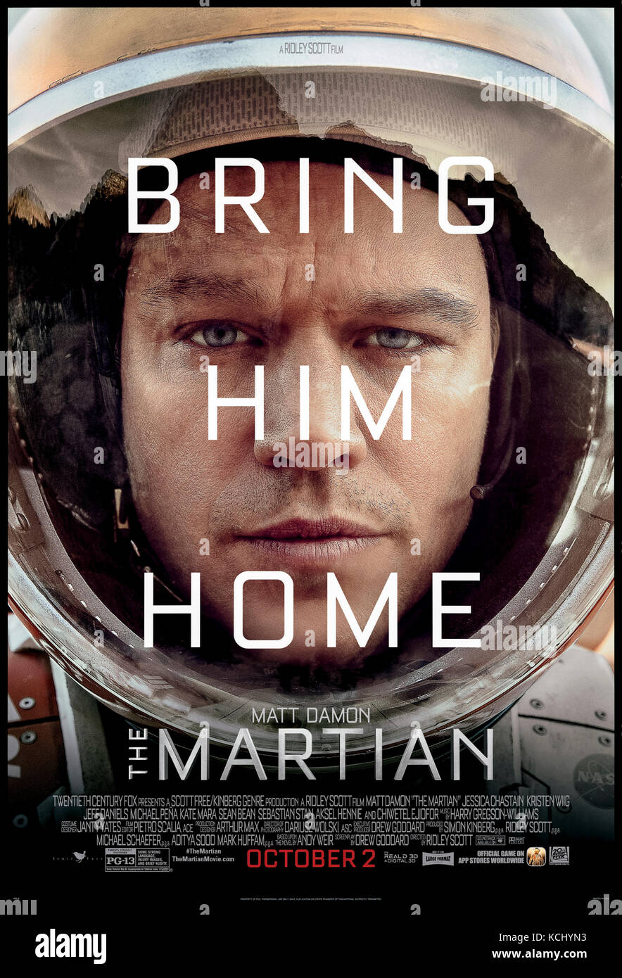 Auf dem Mars (2015) von Ridley Scott Regie und Hauptdarsteller Matt Damon, Jessica Chastain und Kristen Wiig. Ein Astronaut auf dem Mars gestrandet und vermutlich tot muss überleben und Signal Erde mit begrenzten Ressourcen. Stockfoto
