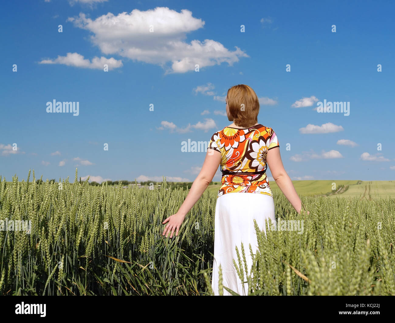 Frau mit Blumen geschmückten Bluse und weißen Rock durch Weizen bummeln in verträumte Stimmung zart skimming Mais Ohren mit ihren Handflächen Stockfoto