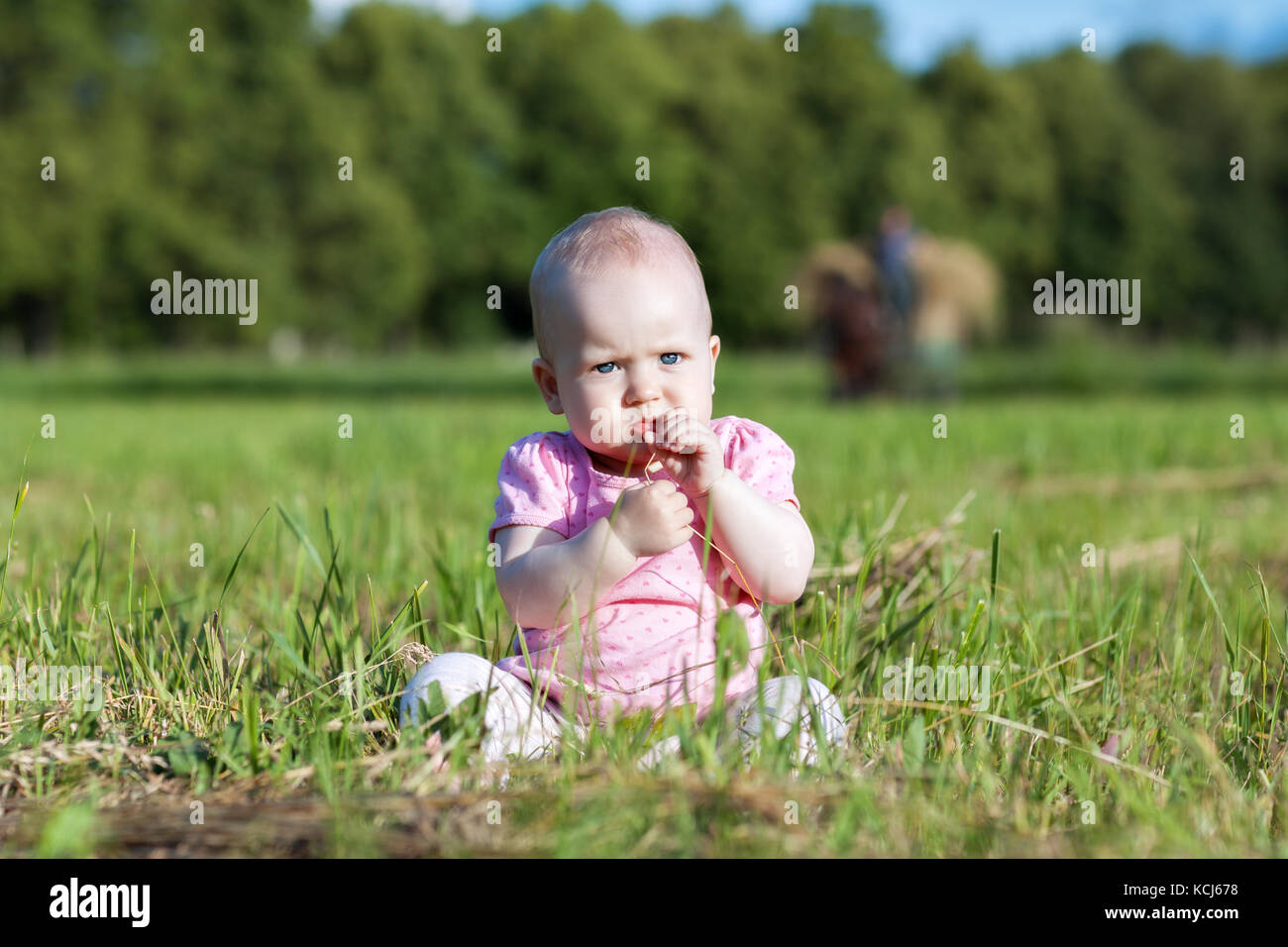 Kleines Mädchen im Gras sitzen auf dem Feld Stockfoto
