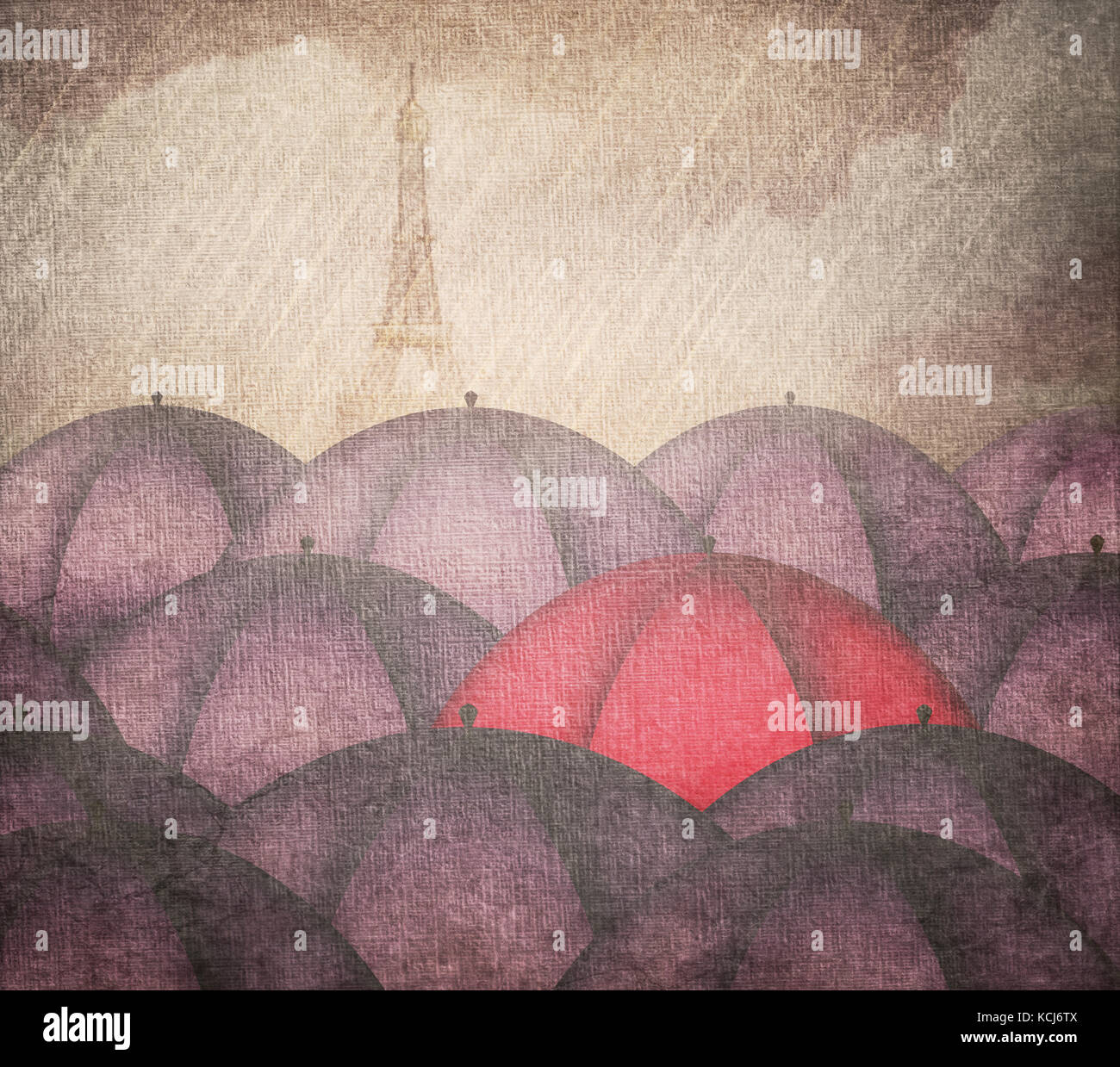 Regen und einem roten Regenschirm in die Gruppe der blaue Schirme Stockfoto