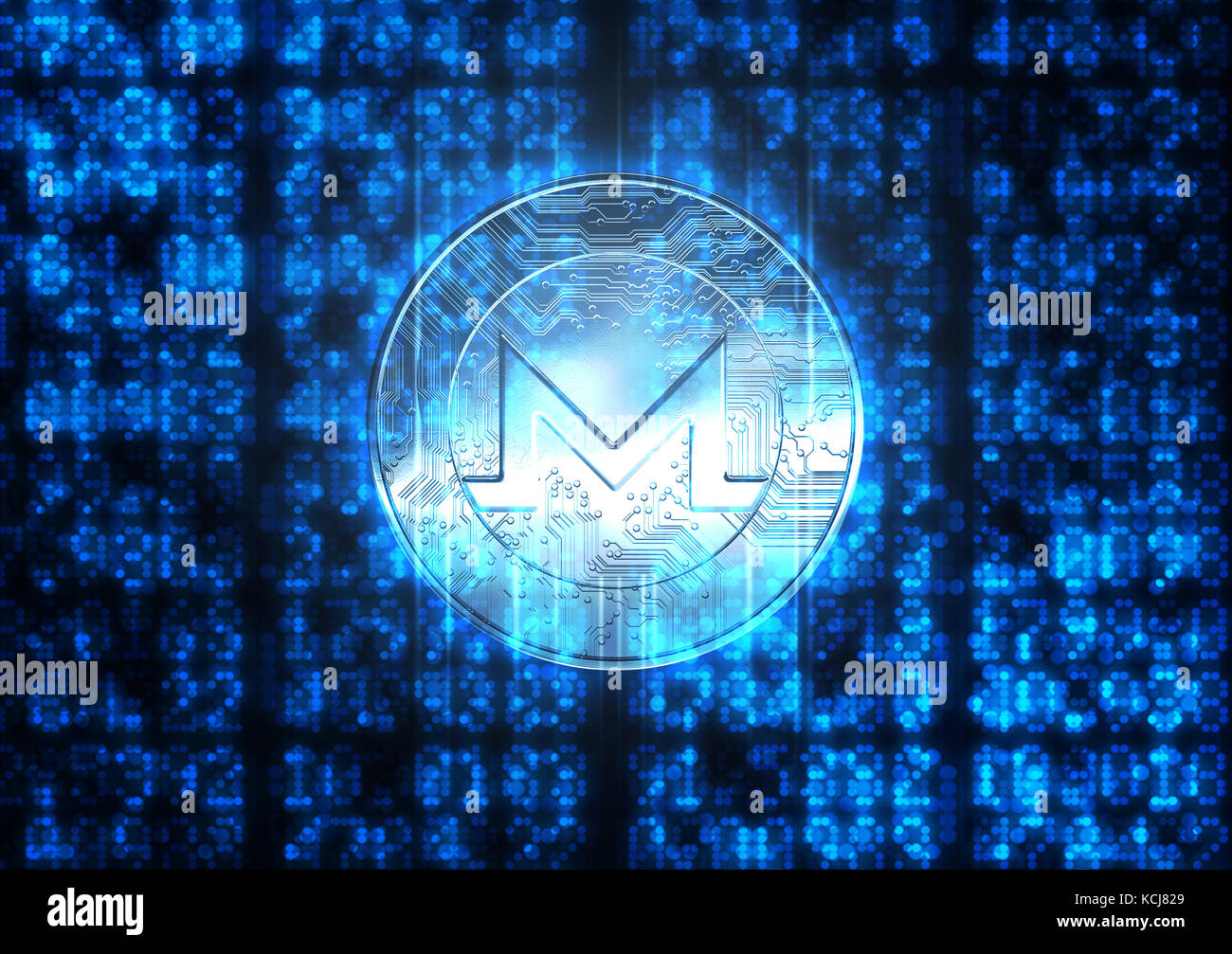 Eine Abflachung der digitalen Code und numerische Ziffern mit einer Überlagerung einer monero cryptocurrency in ein holographisches Licht form Stockfoto