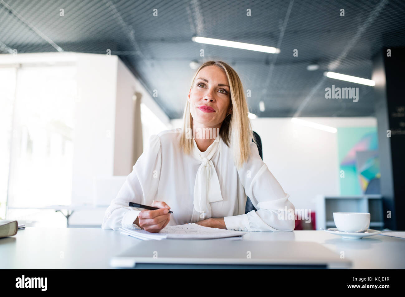 Geschäftsfrau am Schreibtisch mit Notebook in Ihrem Büro. Stockfoto