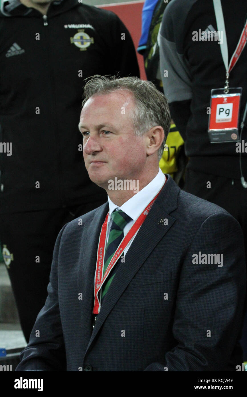 Nationale Fußball-Stadion im Windsor Park von Belfast Nordirland. 05. Oktober 2017. 2018 WM-Qualifikationsspiel - Nordirland gegen Deutschland. Nordirland Manager Michael O'Neill. Quelle: David Hunter/Alamy Leben Nachrichten. Stockfoto