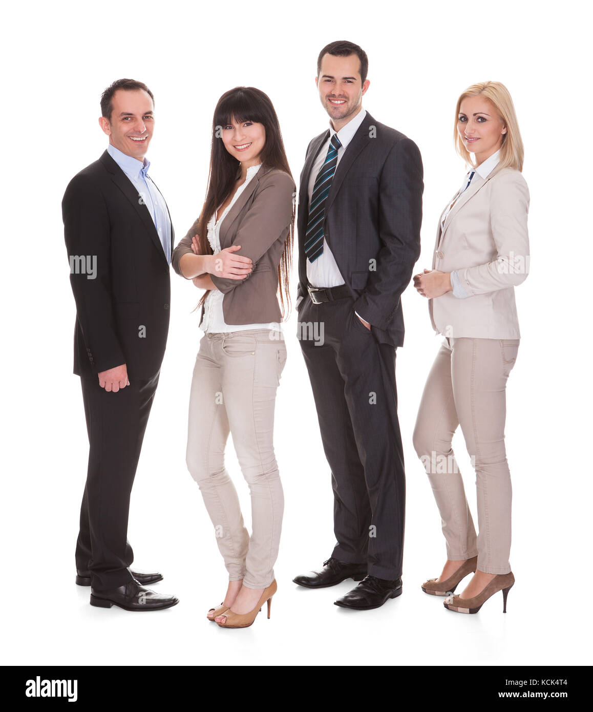 Portrait von Happy Geschäftsleute Gruppe auf weißem Hintergrund Stockfoto
