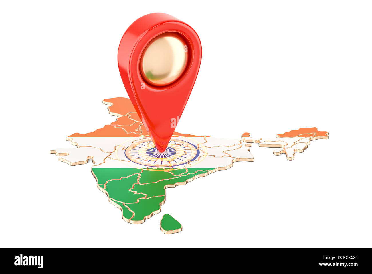 Kartenzeiger auf der Karte von Indien, 3D-Rendering auf weißem Hintergrund Stockfoto