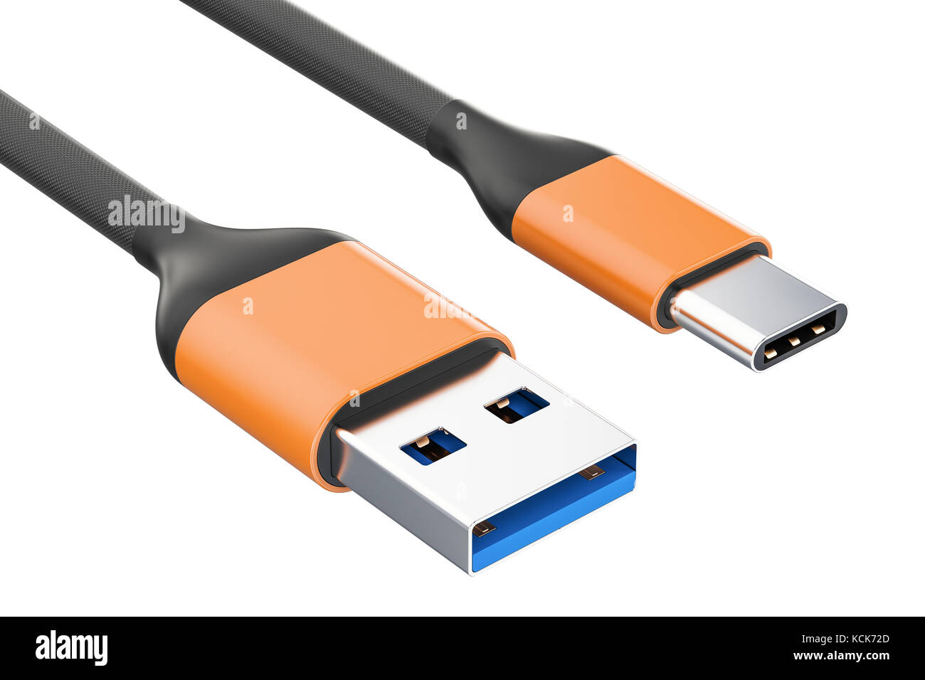 USB-C laden Daten Kabel, Typ C Stecker auf Typ A männlich. 3D-Rendering Stockfoto