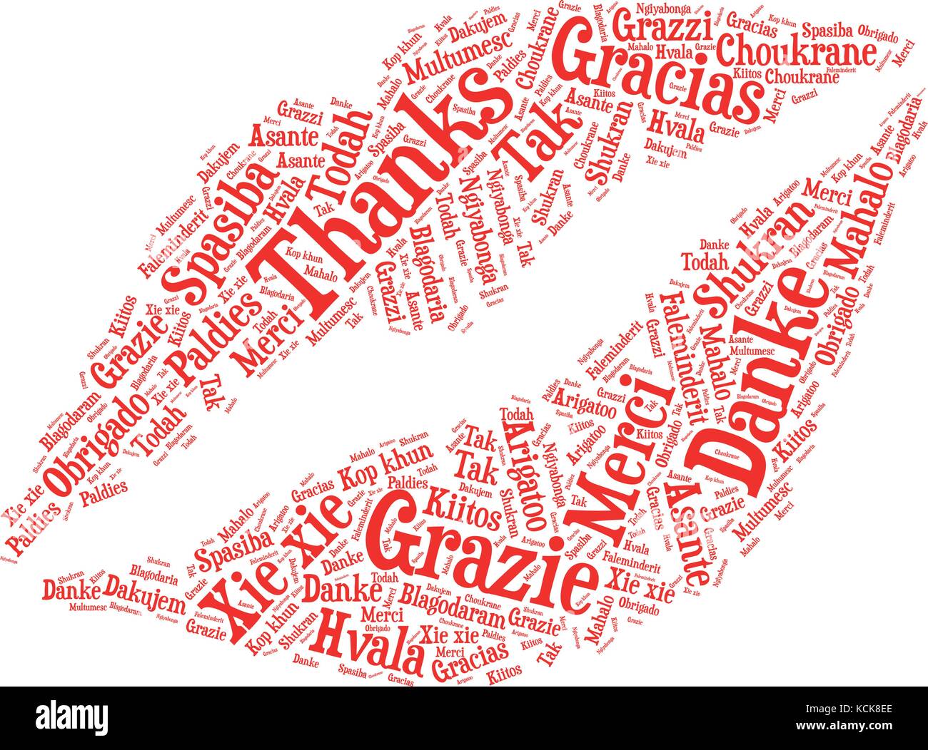 Wort Wolke, Konzept der Dank mit kiss Form und Tags auf weißem Hintergrund. Stock Vektor