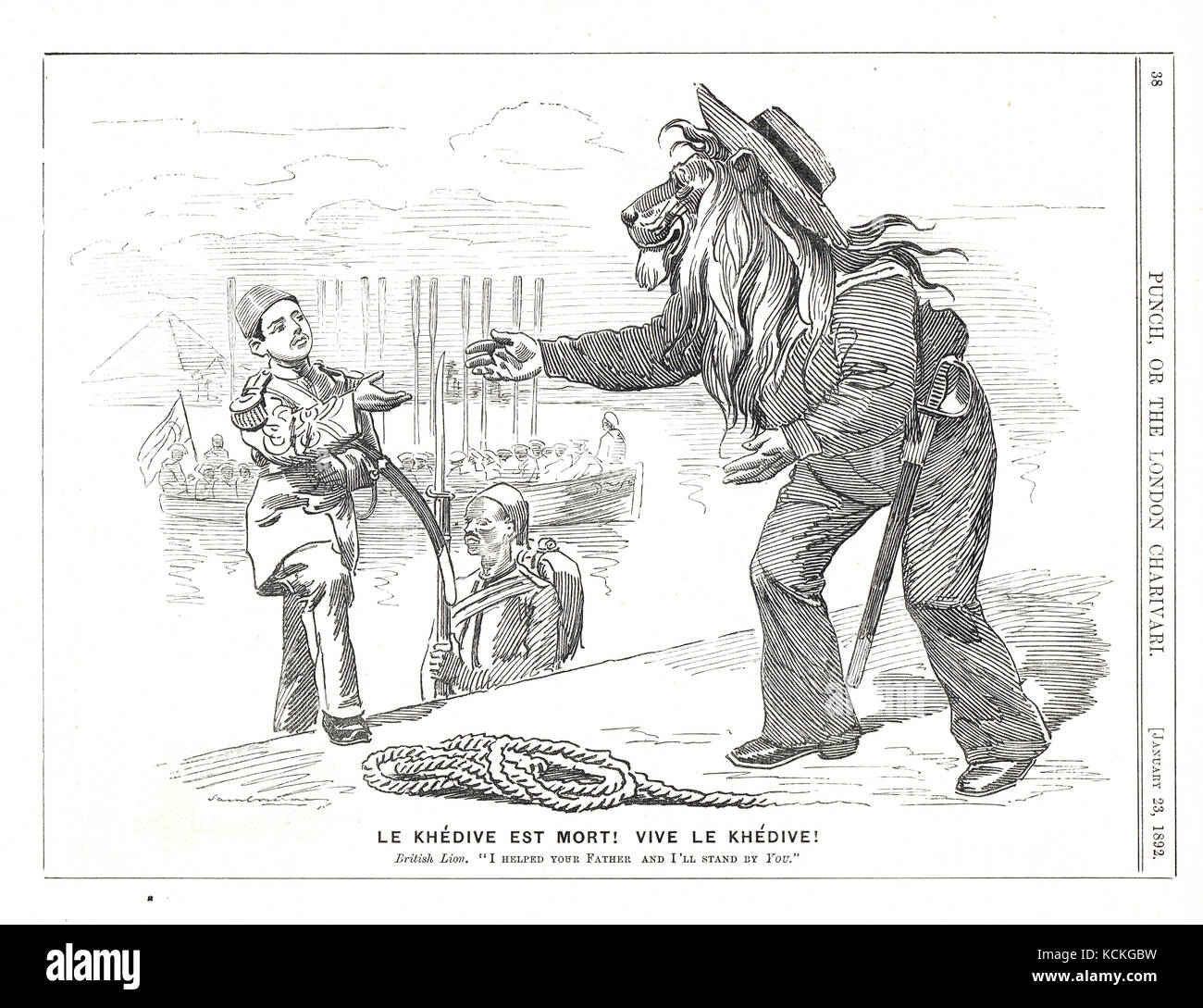 Abbas II. Von Ägypten, von Großbritannien begrüßt, am 8. Januar 1892, britischer Löwe, der die Hand der Freundschaft in Punch Cartoon ausdehnt Stockfoto