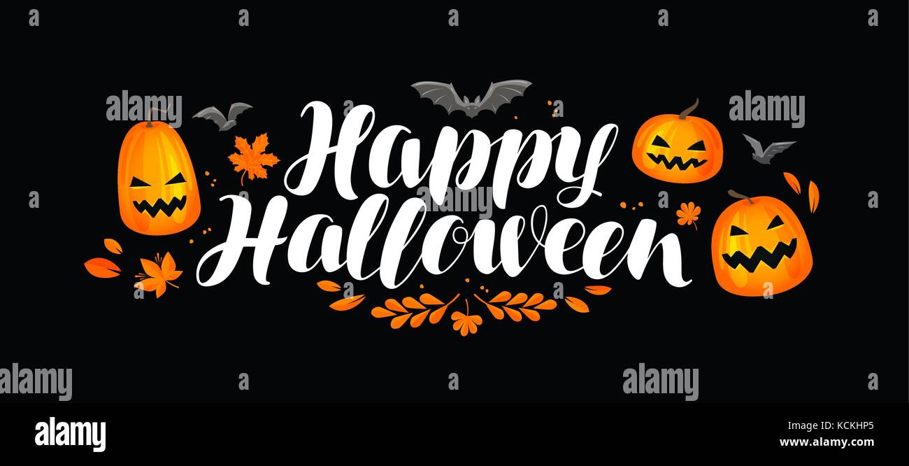Halloween-Banner, Grußkarte. Kürbis, Feiertagssymbol. Illustration des Schriftvektors Stock Vektor