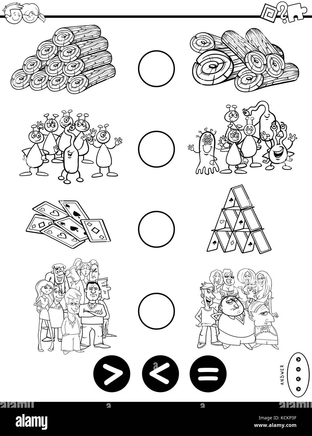 Schwarze und weiße Cartoon Illustration der pädagogischen mathematische Aktivität Spiel von mehr als, weniger als oder gleich für Kinder mit Objekten und Verwen Stock Vektor
