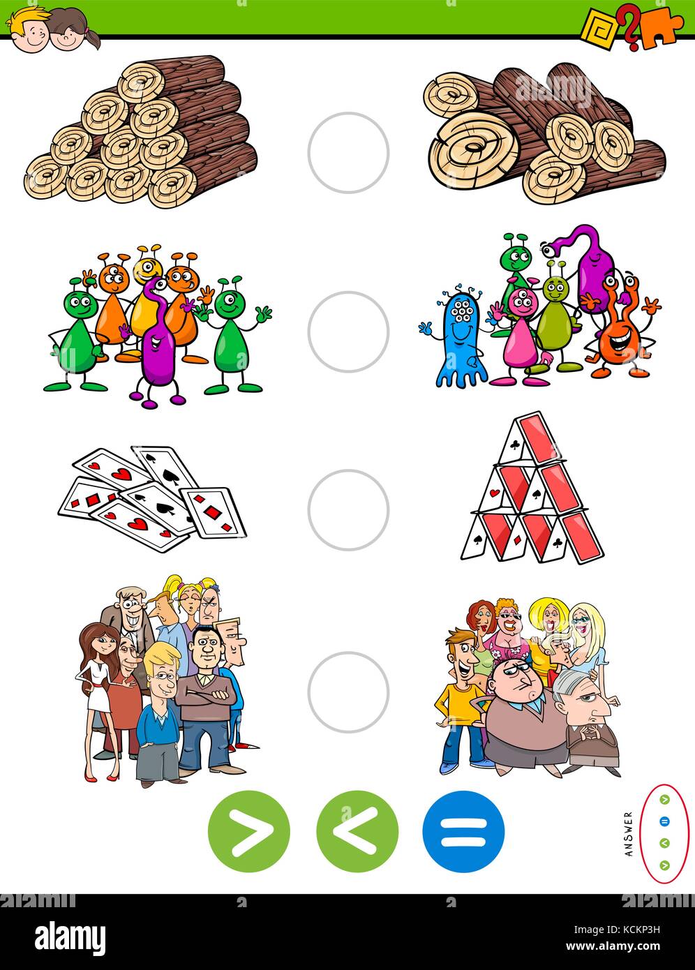 Cartoon Illustration der pädagogischen mathematische Aktivität Spiel von mehr als, weniger als oder gleich für Kinder mit Objekten und Zeichen Stock Vektor