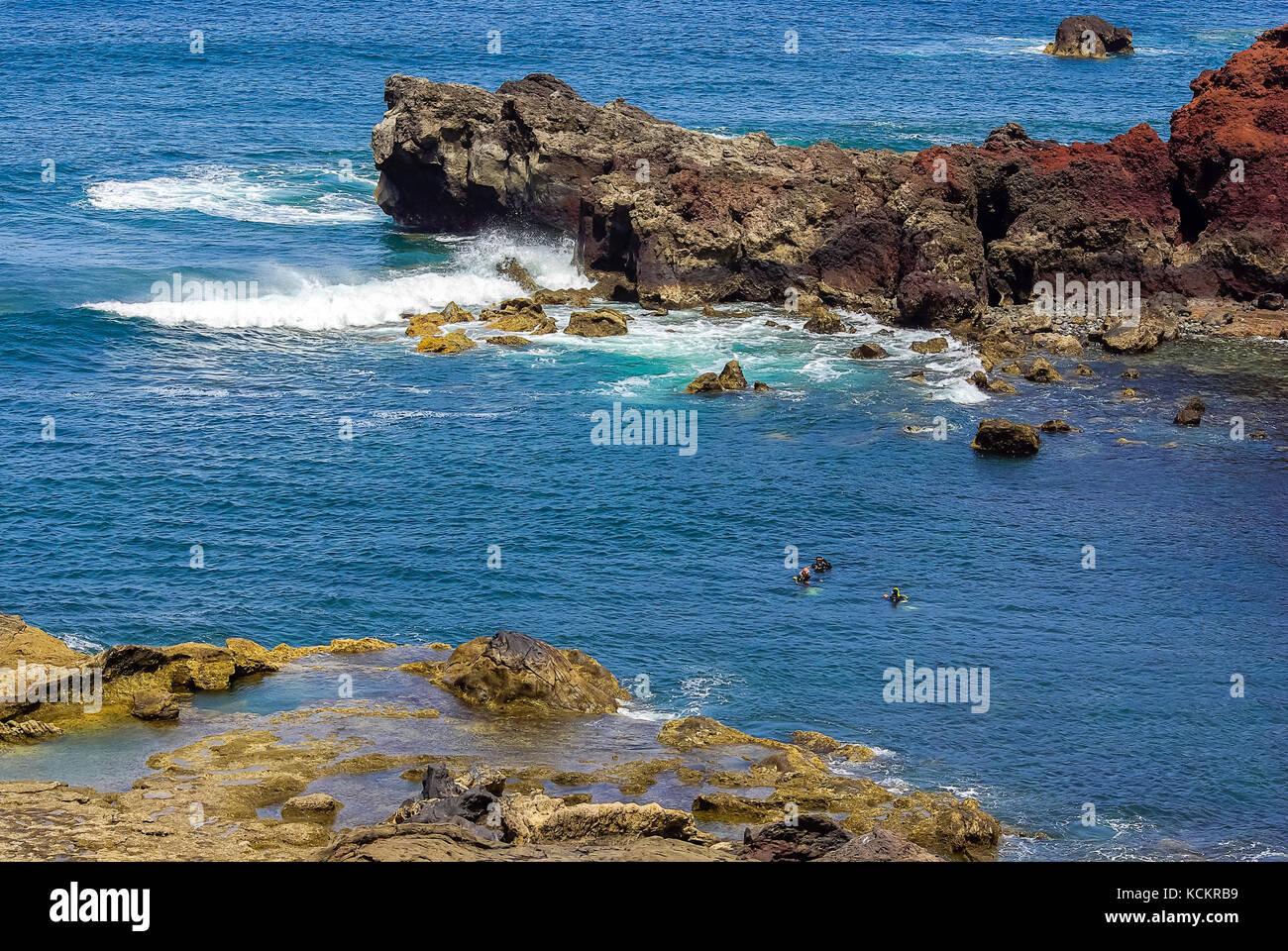 Drei Taucher vor der Küste von El Golfo auf Lanzarote, Kanarische Inseln, Spanien. Stockfoto