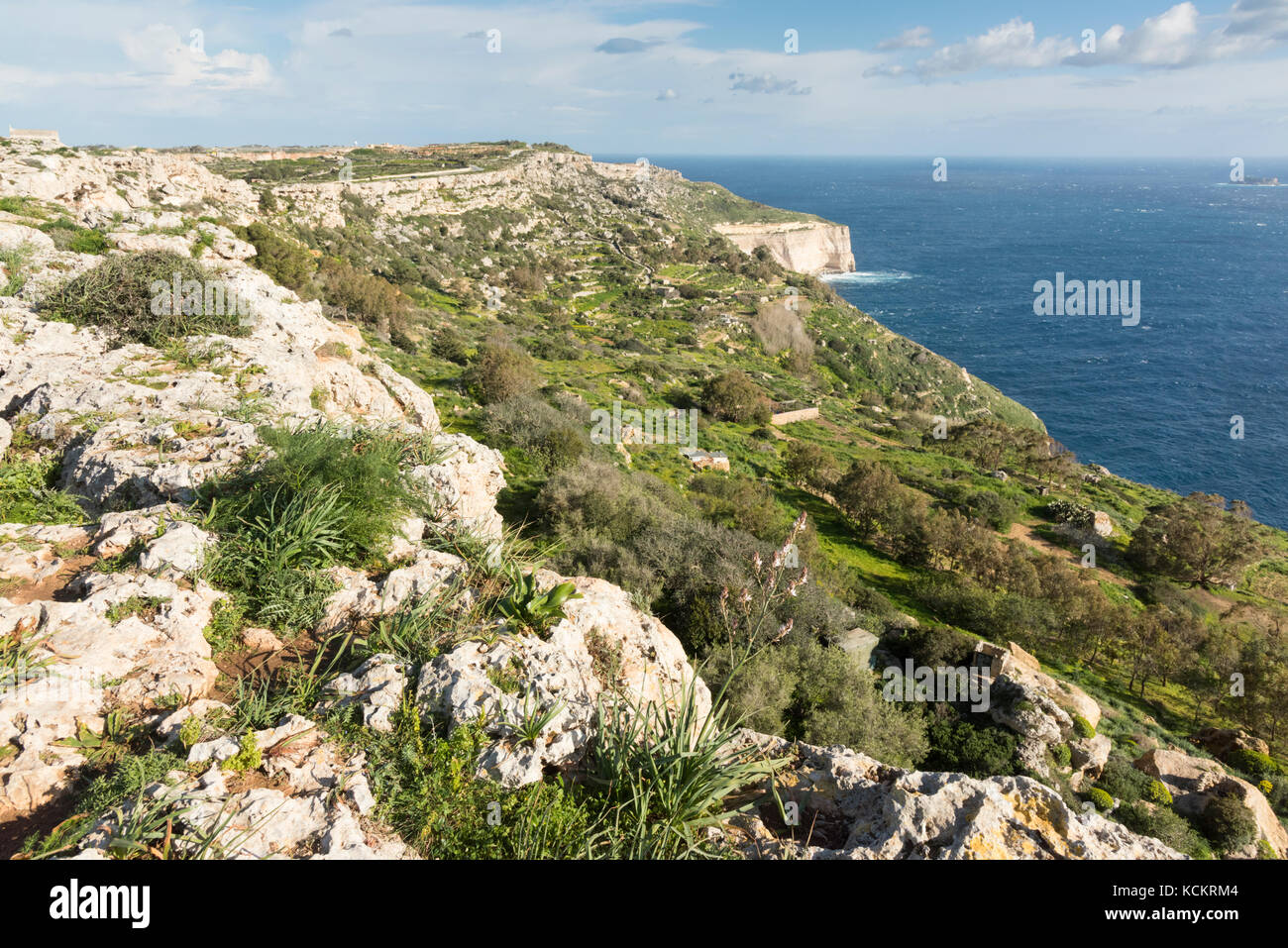 Die felsige und zerklüftete Dingli Cliifs im Süden Mäntel von Malta mit e Meer im Hintergrund Stockfoto