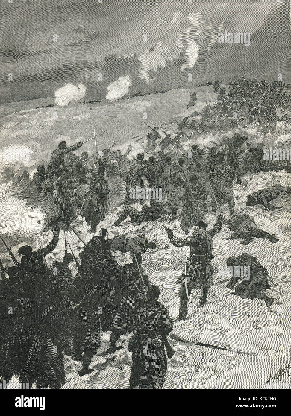 Belagerung von Plevna am 9. Dezember 1877. Osman Paha versucht, die Belagerungslinien zu durchbrechen Stockfoto
