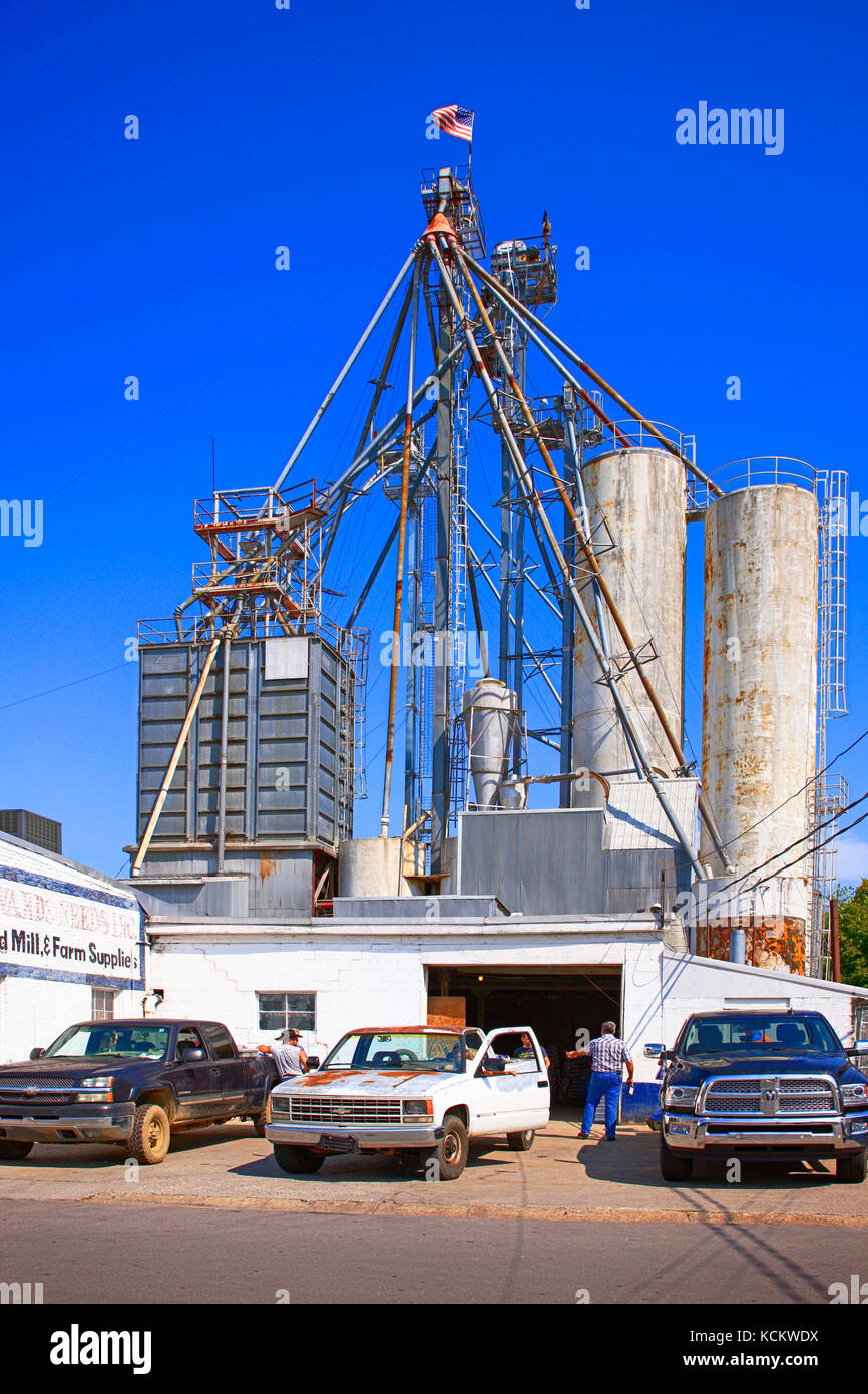 Menschen außerhalb der Edwards-Futtermittel- und Farm Supplies-Branche werden von Getreidesilos im Libanon TN, USA, übersehen Stockfoto