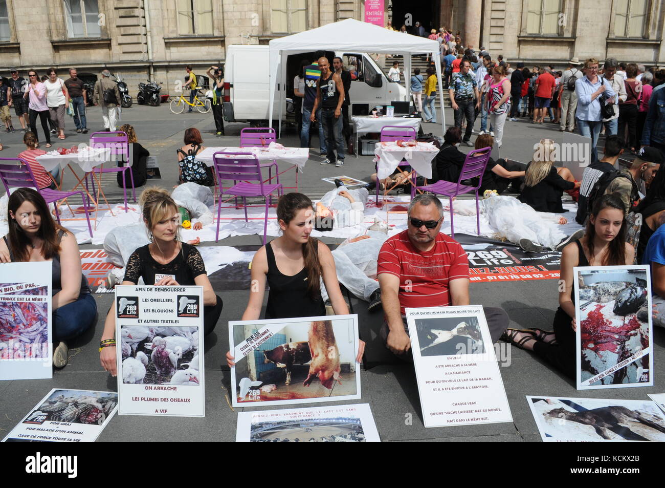 L269 Tierschutzaktivisten protestieren gegen Tierverstöße und fordern die Schließung von Schlachthöfen in Lyon, Frankreich Stockfoto