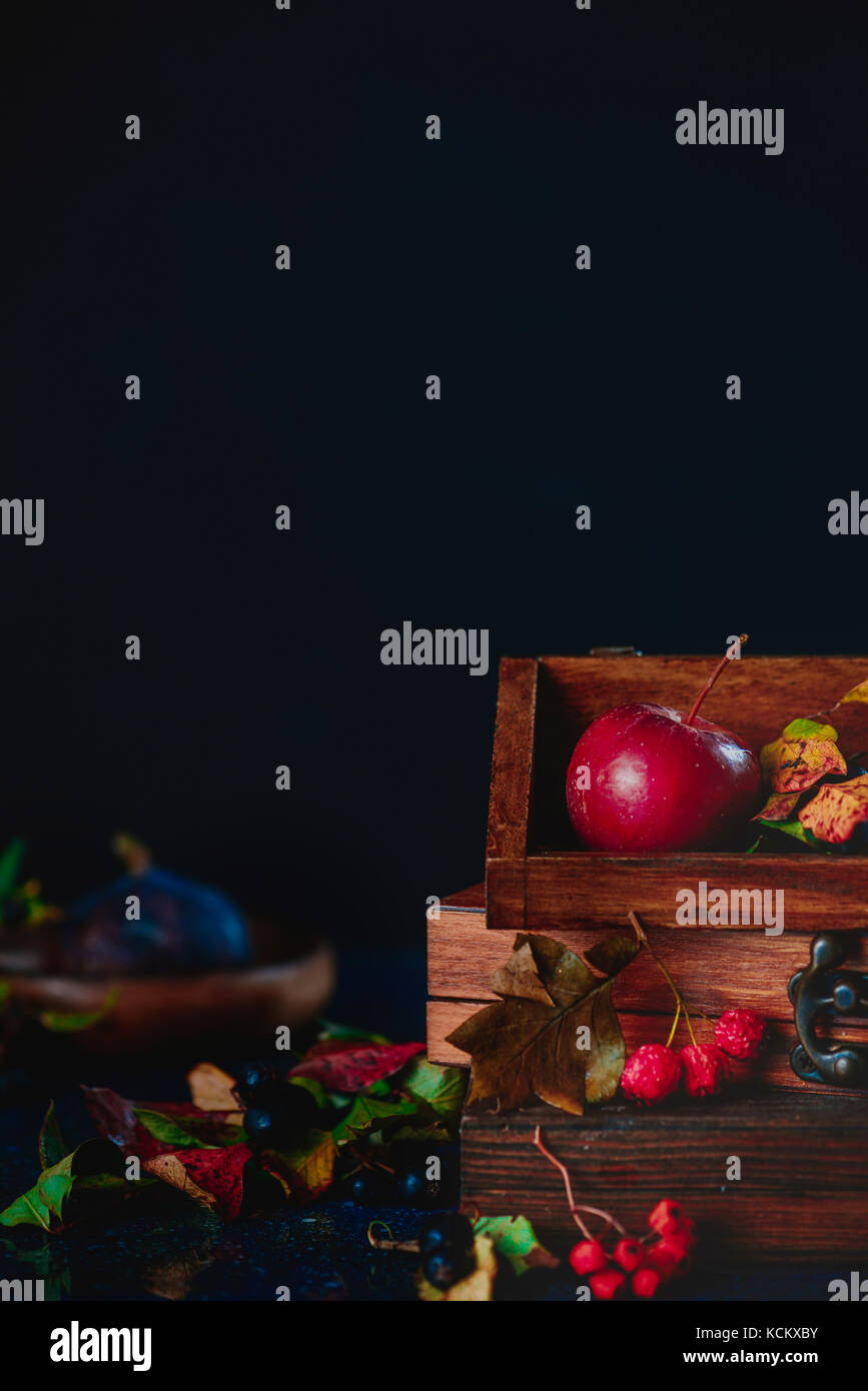 Apple in einer Holzkiste. Dunkle essen Fotografie mit kopieren. Stockfoto