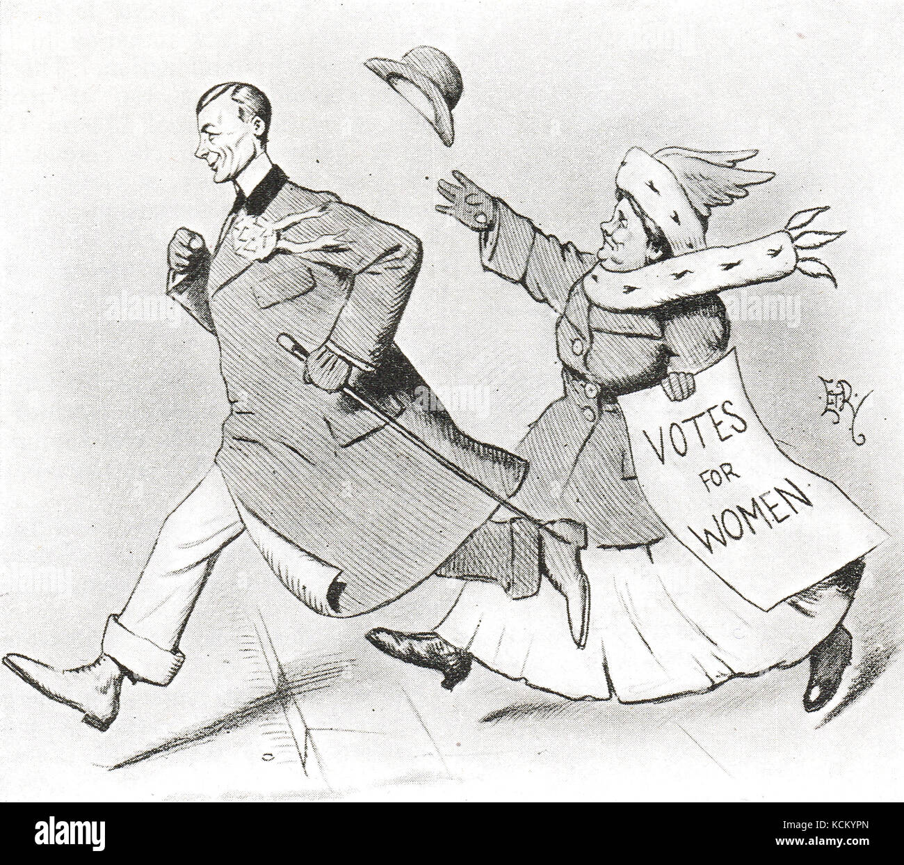 Suffragette jagt einen Kandidaten, Croydon Nachwahl 1909 Stockfoto