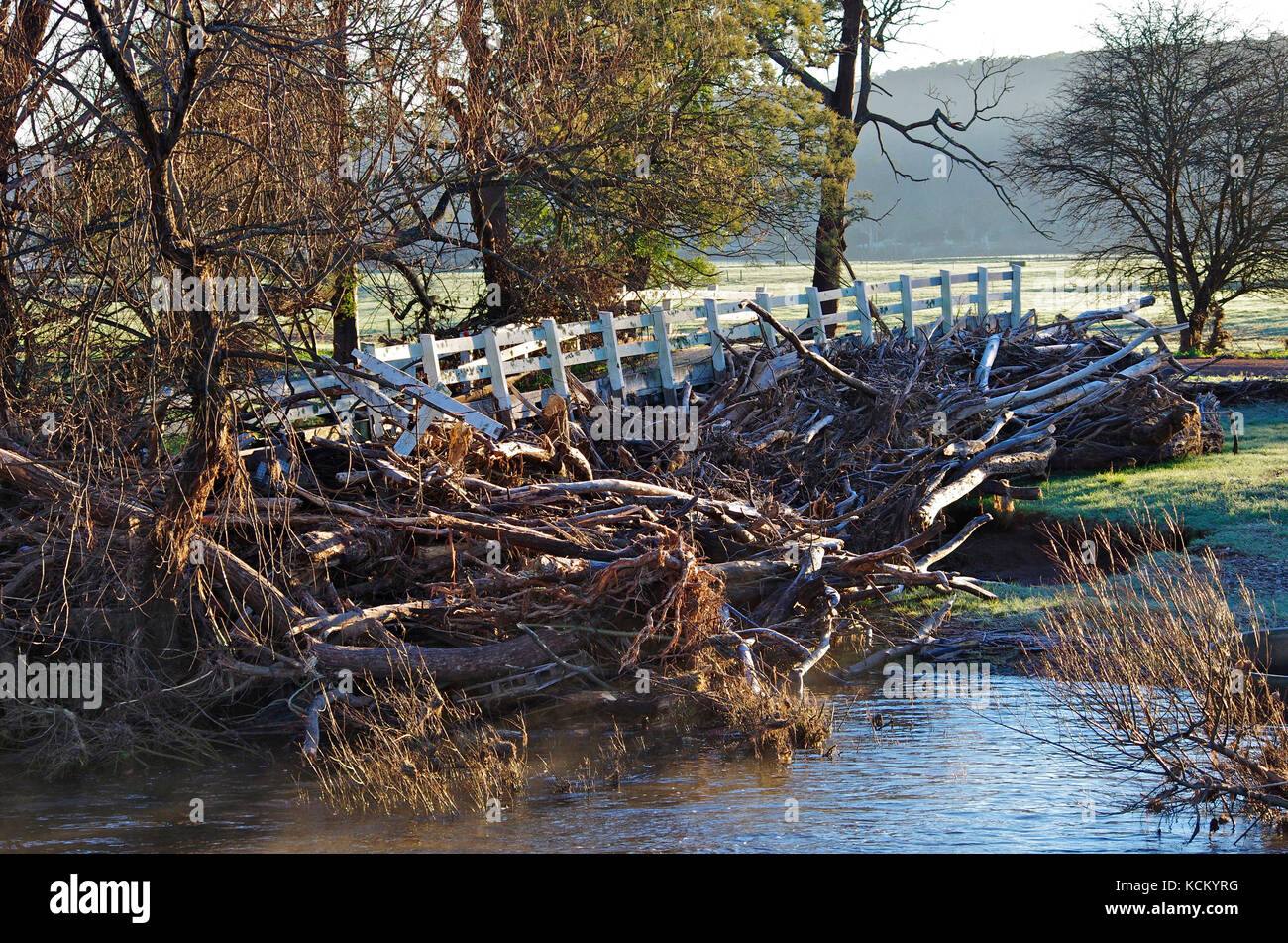 Holzbrücke durch schwere Überschwemmung beschädigt. Der weite Abschnitt der Brücke wurde durch Hochwasserschutt auf das Flussufer getragen. Anfang Juni 2016 Nord-A Stockfoto