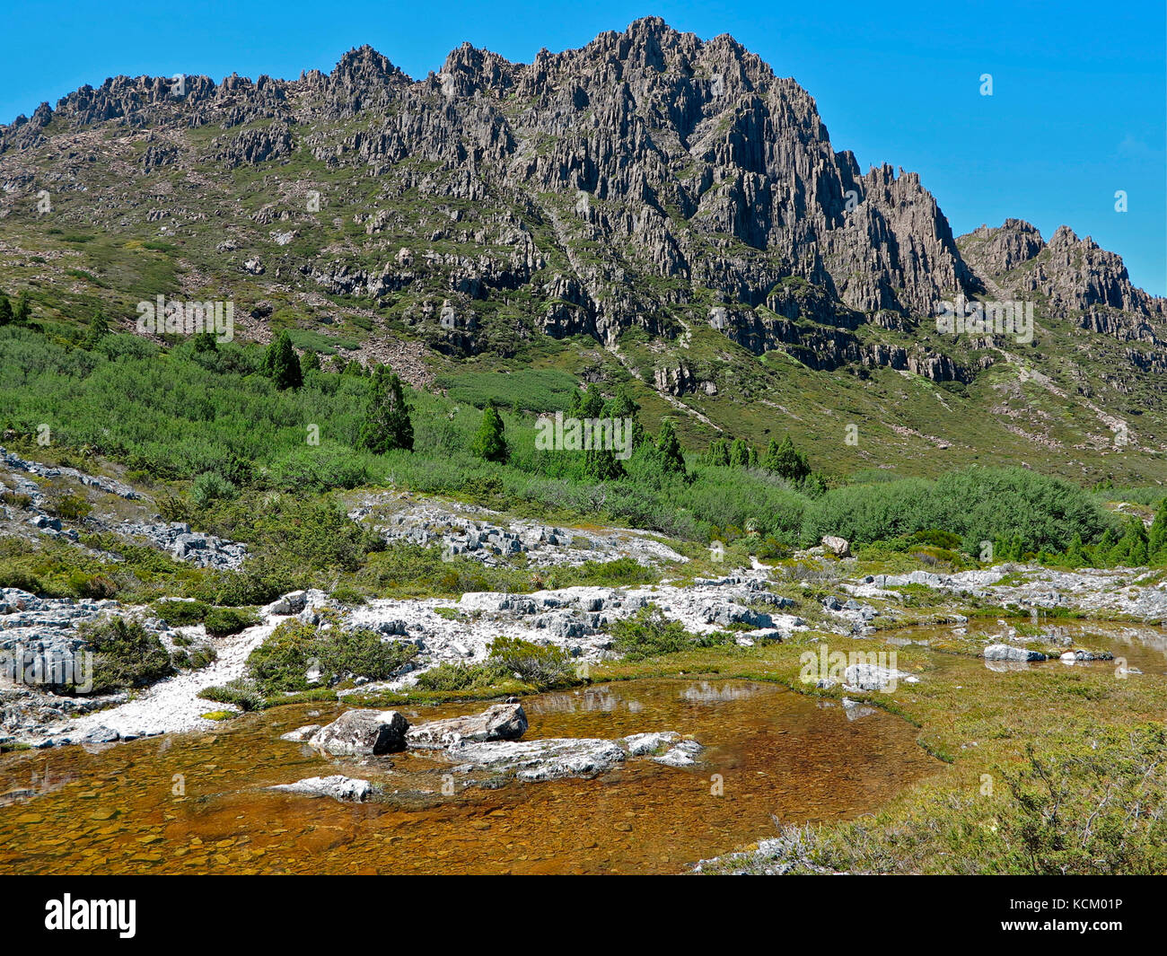 Der Cradle Mountain vom Overland Track, der über die westliche Schulter führt. Cradle Mountain-Lake St Clair National Park, Tasmanien, Australien Stockfoto