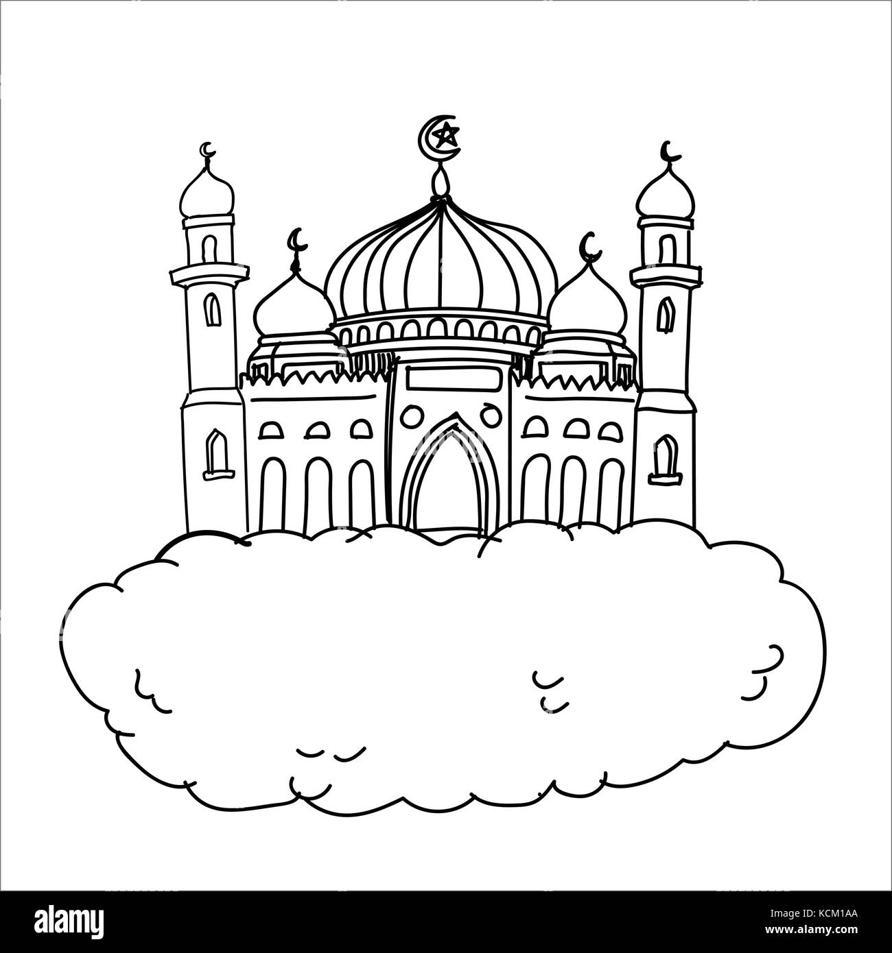 Cartoon Skizze der Moschee auf der weißen Wolke Hintergrund für die islamische religiöse Konzept. Vector Illustration Stock Vektor