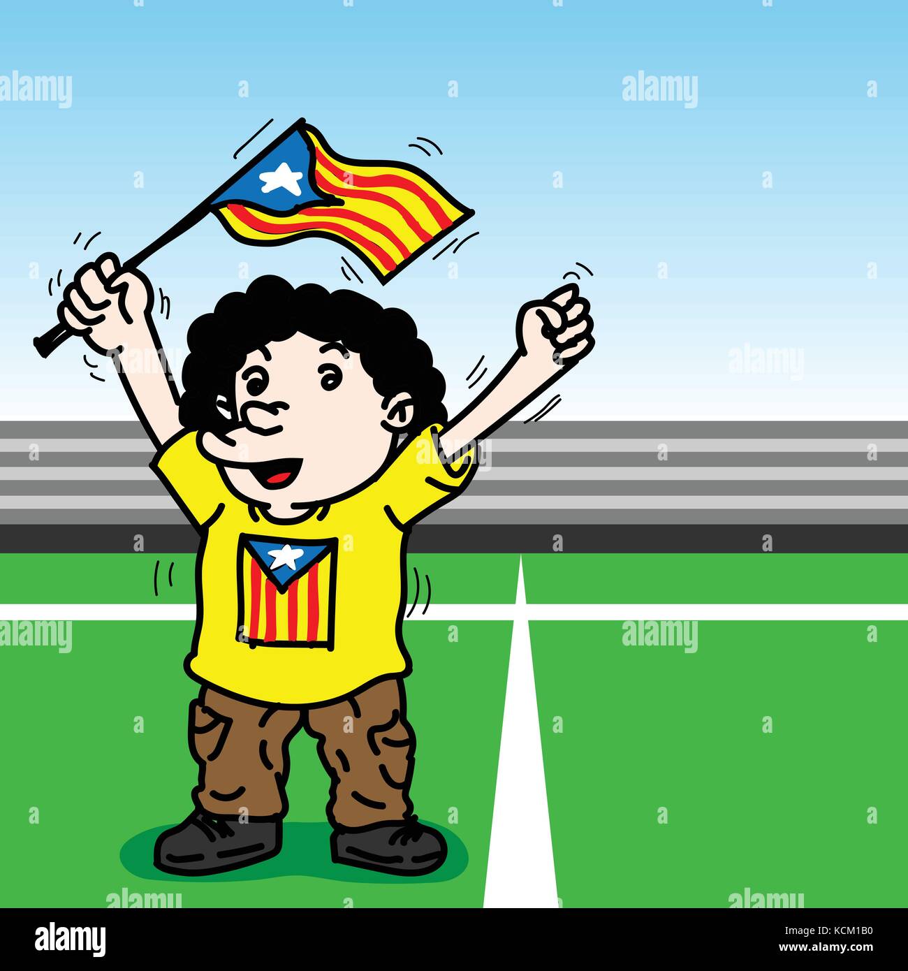 Karikatur eines lustigen Mann hält Katalonien Flagge entlang Nebenerwerb Fußballplatz-Vector Illustration Stock Vektor