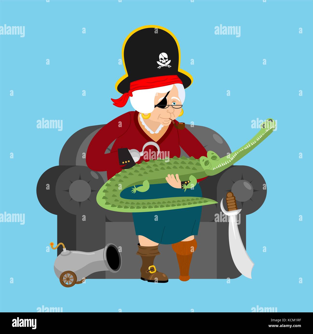 Großmutter Pirat. alte Buccaneer und Krokodil. Oma zum Stuhl. Säbel und Kanonen. Rauchen Rohr- und Holzbein. Vector Illustration Stock Vektor