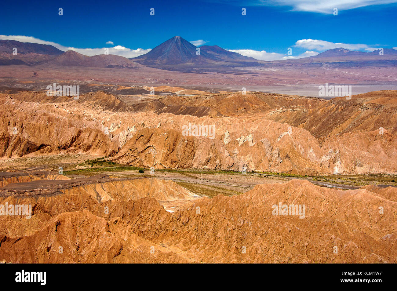 Chile von der "CORNICE" Blick der Cordillera de la Sal, der quitos Tal und Vulkan Licancabur (5950m). Stockfoto