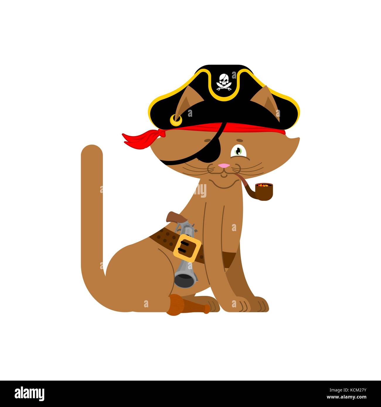 Katze Pirat. home pet Buccaneer. filibuster Hut und Rauchen Rohr. Holzbein. Vector Illustration. Stock Vektor