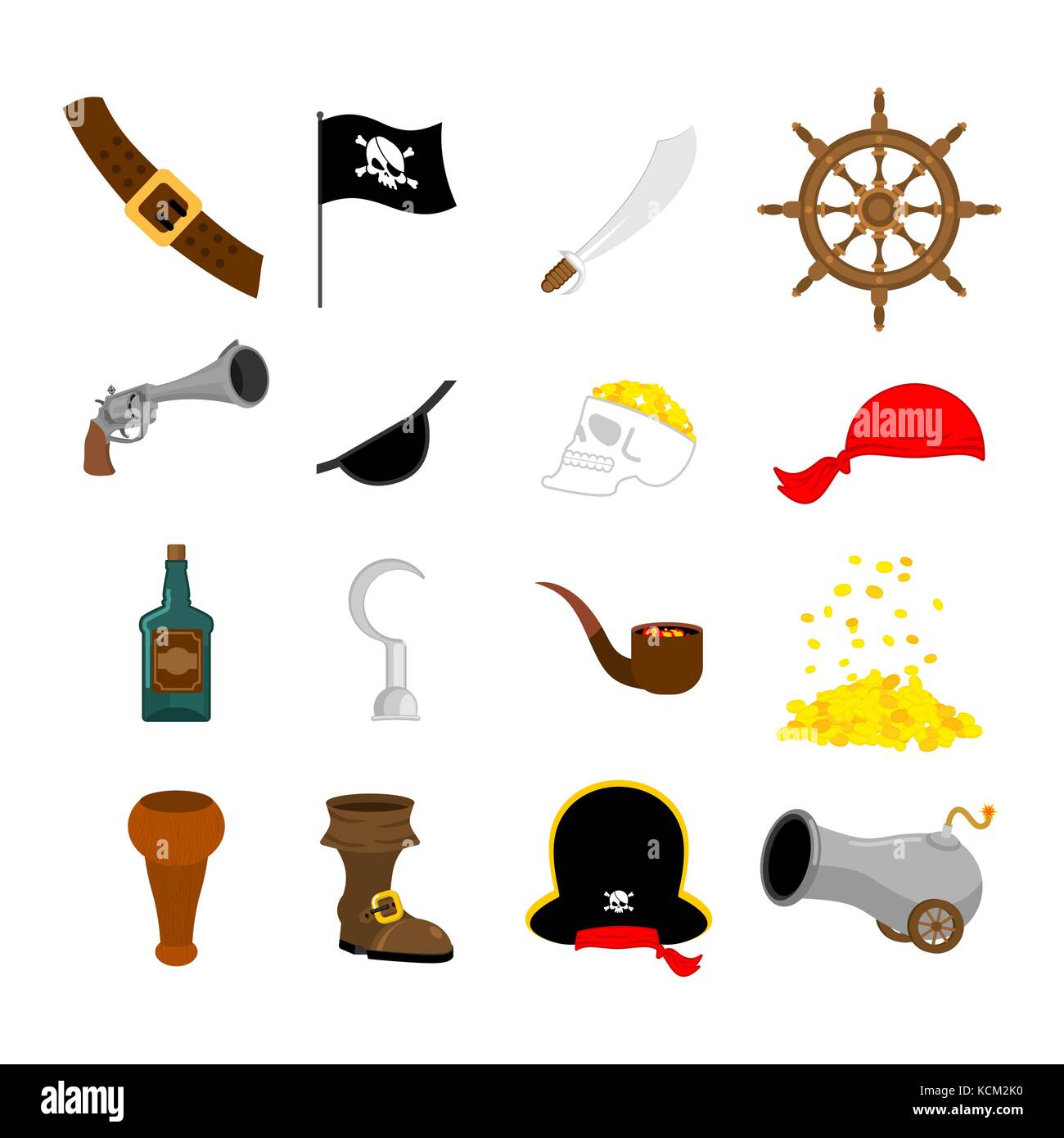 Piraten Set Symbol. Flagge und Säbel. piratical Hut und Holzbein. Augenklappe und Rum. Pistole und Helm. Schädel und Kanone. Vector Illustration Stock Vektor