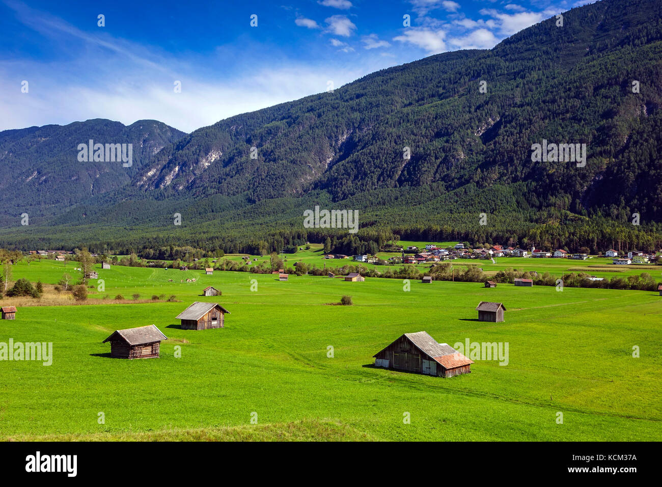Viele kleine Scheunen in grünen Feldern, in der Nähe von Imst, Österreich Stockfoto