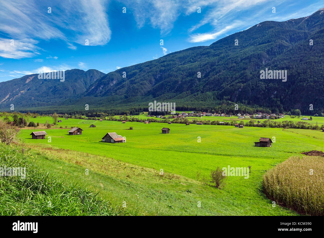 Viele kleine Scheunen in grünen Feldern, in der Nähe von Imst, Österreich Stockfoto